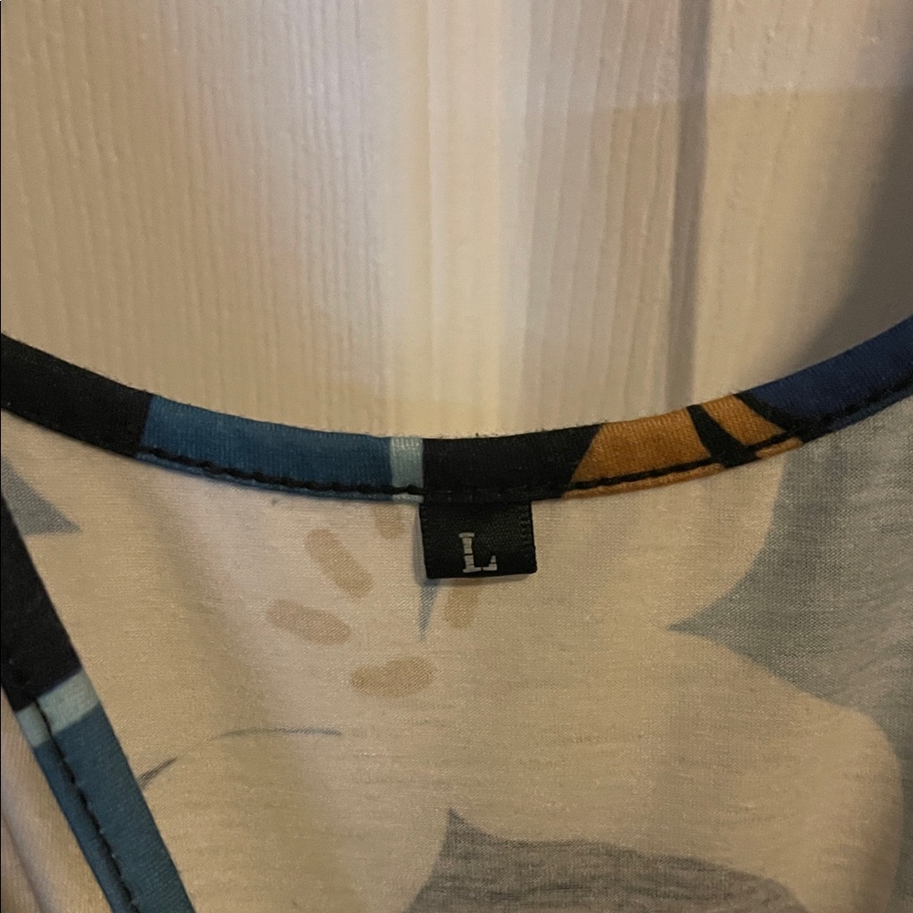 Blue and Tan Tropical Floral Faux Wrap Sundress — Size Large - Picture 3 of 7